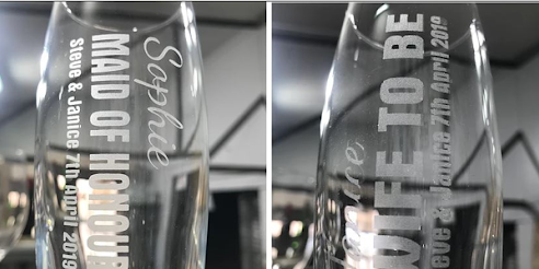 Side by side comparison of sandblasted and laser etched glass