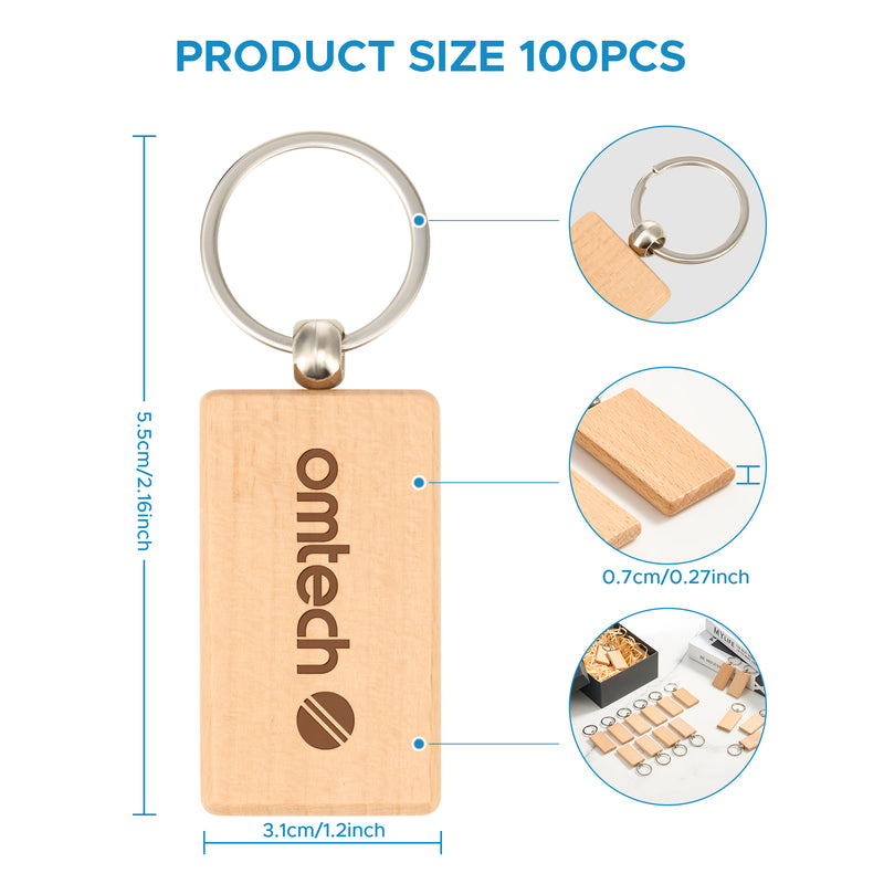 OMTech 30pc/50pcs/100pc Wooden Keychain Blanks, Unfinished Wooden Key Rings Key Tags for Laser Engraving Keychain Making DIY Craft Gift Accessories