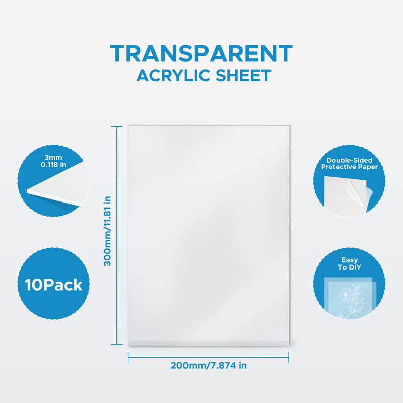 OMTech 10 Pack Clear Acrylic Sheets, 12x8 Inch Plexiglass Sheets for Laser Engraving & Cutting