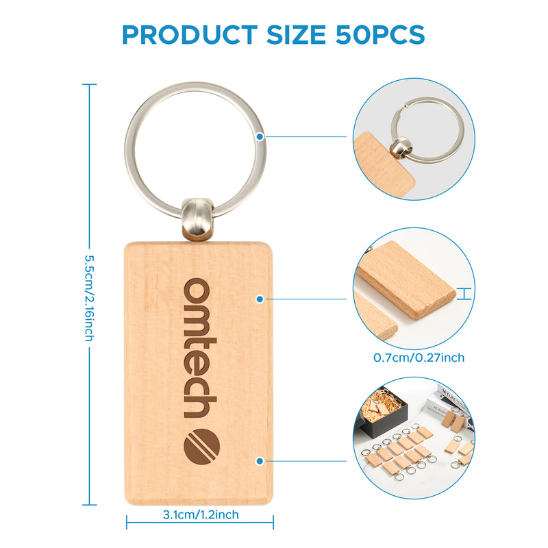 OMTech 30pc/50pcs/100pc Wooden Keychain Blanks, Unfinished Wooden Key Rings Key Tags for Laser Engraving Keychain Making DIY Craft Gift Accessories