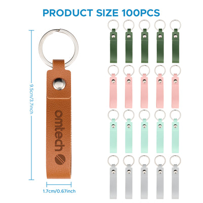 OMTech 50pc/100pc/200pc Leather Key Fob Kit, PU Leather Keychain Blanks with Rivets and Key Rings