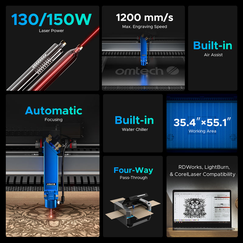 OMTECH PRO 3655, 130W AND 150W CO2 Laser Engraver and Cutter With Autofocus and Built-in Water Chiller