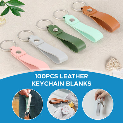 OMTech 100pc/200pc Leather Key Fob Kit, PU Leather Keychain Blanks with Rivets and Key Rings