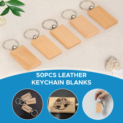 OMTech 50pcs Wooden Keychain Blanks, Unfinished Wooden Key Rings Key Tags for Laser Engraving Keychain Making DIY Craft Gift Accessories