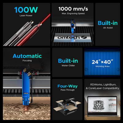 Pre-Owned OMTech Pro 2440, 80W CO2 Laser Engraver CUTTING MACHINE WITH AUTOFOCUS and Built-in Water Chiller