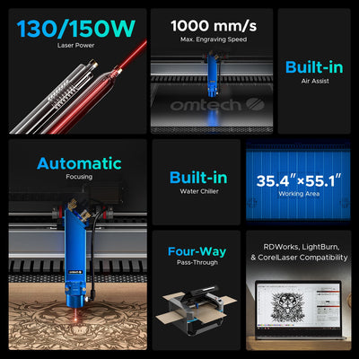 Pre-Owned OMTECH PRO 3655, 130W CO2 Laser Engraver and Cutter With Autofocus and Built-in Water Chiller