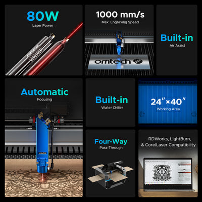 Pre-Owned OMTech Pro 2440, 80W AND 100W CO2 Laser Engraver CUTTING MACHINE WITH AUTOFOCUS and Built-in Water Chiller