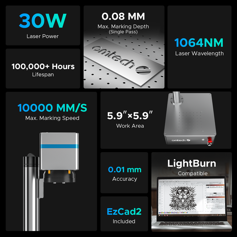 Galvo Compact 30 - 30W Integrated Fiber Laser Marker Engraving Machine with 5.9"x5.9" Working Area for Metal