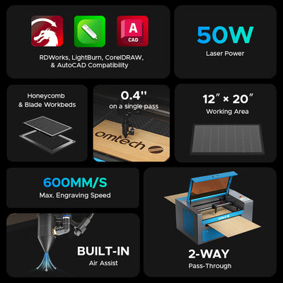 OMTech Maker 25 50W CO2 Laser Engraving and Cutting Machine with 12" x 20" Working Area