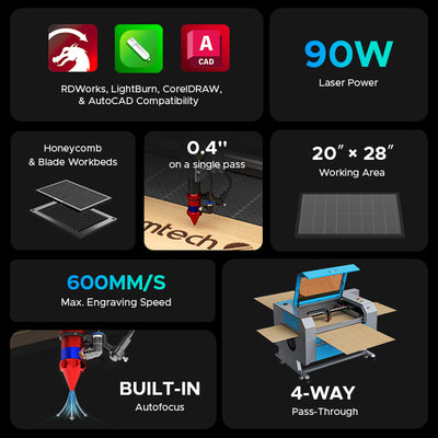 OMTech Maker AF2028-80 90W CO2 Laser Engraver and Cutter with 20" x 28" Working Area and Autofocus