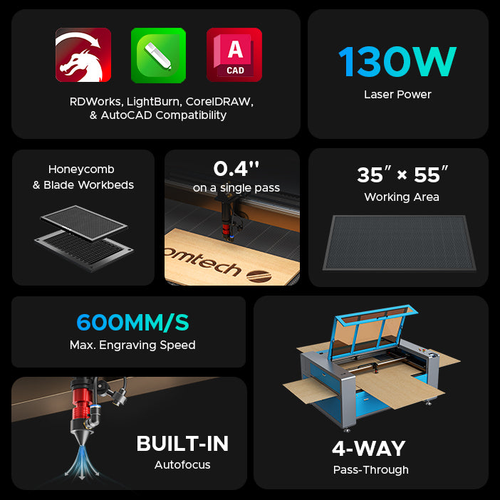 OMTech Maker AF3555-130 130W CO2 Laser Cutting and Engraving Machine with 35" x 55" Working Area and Autofocus