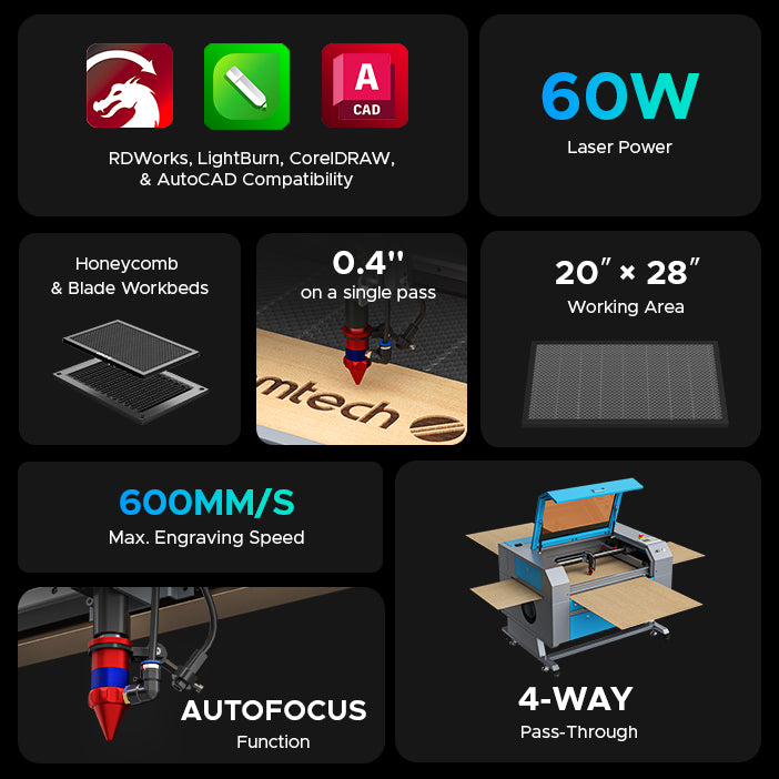 OMTech Maker AF2028-60 60W CO2 Laser Engraver and Cutter with 20" x 28" Working Area and Autofocus