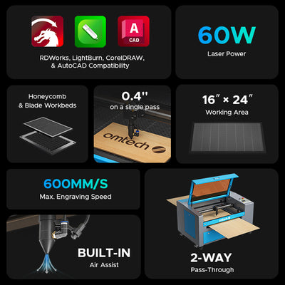 MF1624-60 - 60W CO2 Laser Engraver Cutting Machine with 16'' x 24'' Working Area