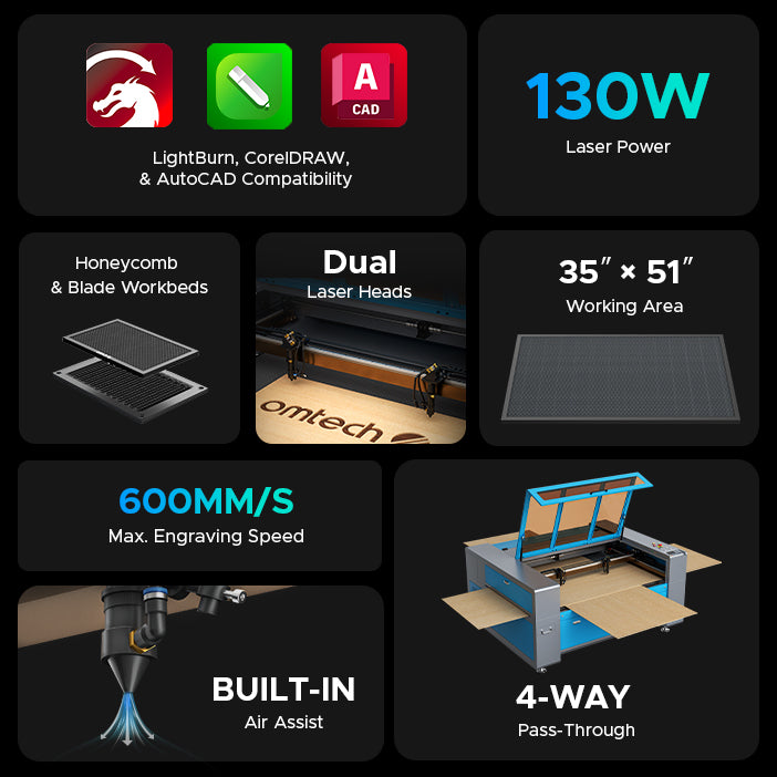 OMTech Maker ZF3551-130 130W CO2 Laser Cutter and Engraver with 35" x 51" Workbed and Dual Laser Tubes and Heads