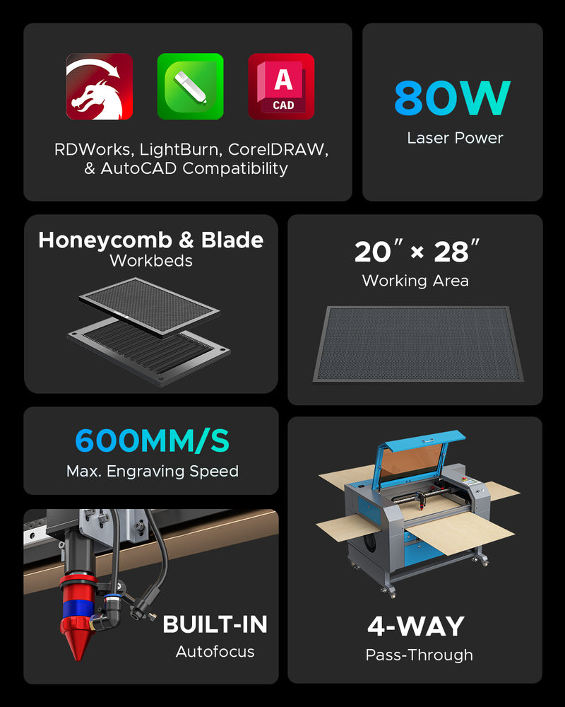 AF2028-80 - 80W CO2 Laser Engraver Cutting Machine with 20" x 28" Working Area and Autofocus