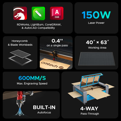 OMTech Maker AF4063-150 150W CO2 Laser Cutter and Engraver with 40" x 63" Working Area and Autofocus