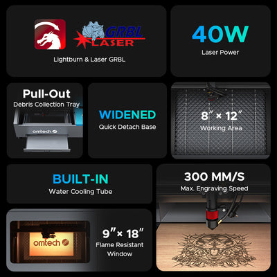 OMTech K40+ 40W Desktop CO2 Laser Engraver with 8" x 12" Working Area and Detachable Honeycomb Workbed