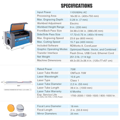 Pre-Owned AF1630-70E - 70W CO2 Laser Engraver Cutting Machine with 16” x 30” Working Area (with Auto Focus)