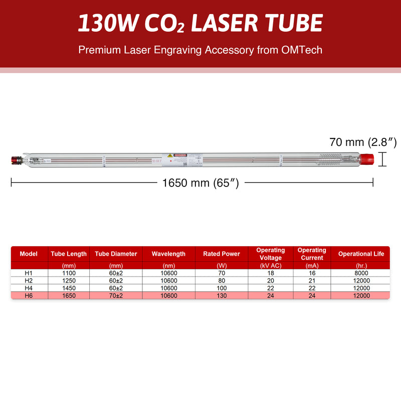 YL H Series H6 130W CO2 Laser Tube