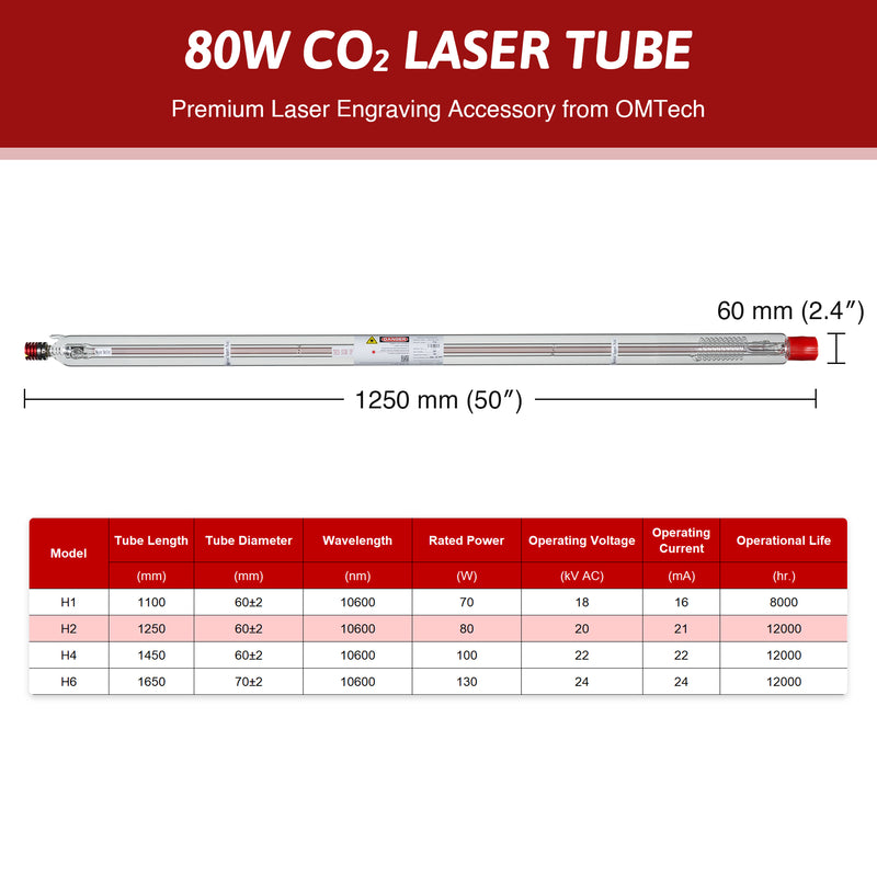 YL H Series H2 80W CO2 Laser Tube