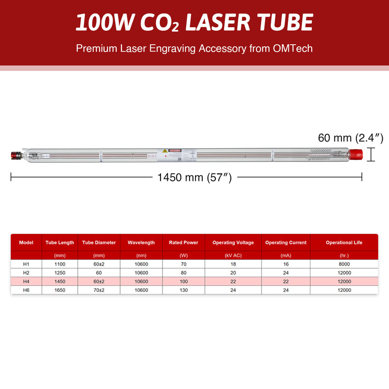 YL H Series H4 100W CO2 Laser Tube