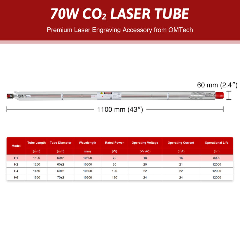 YL H Series H1 70W CO2 Laser Tube