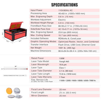 Pre-Owned 130W CO2 Laser Engraver Cutting with 40” x 63” Working Area, Red Auto Focus