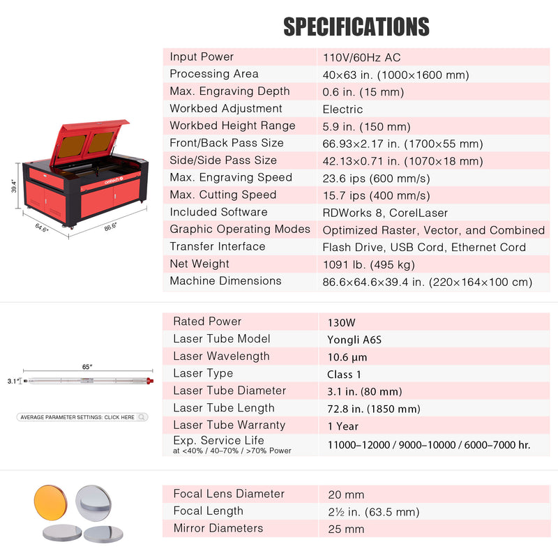 Pre-Owned 130W CO2 Laser Engraver Cutting with 40” x 63” Working Area, Red Auto Focus