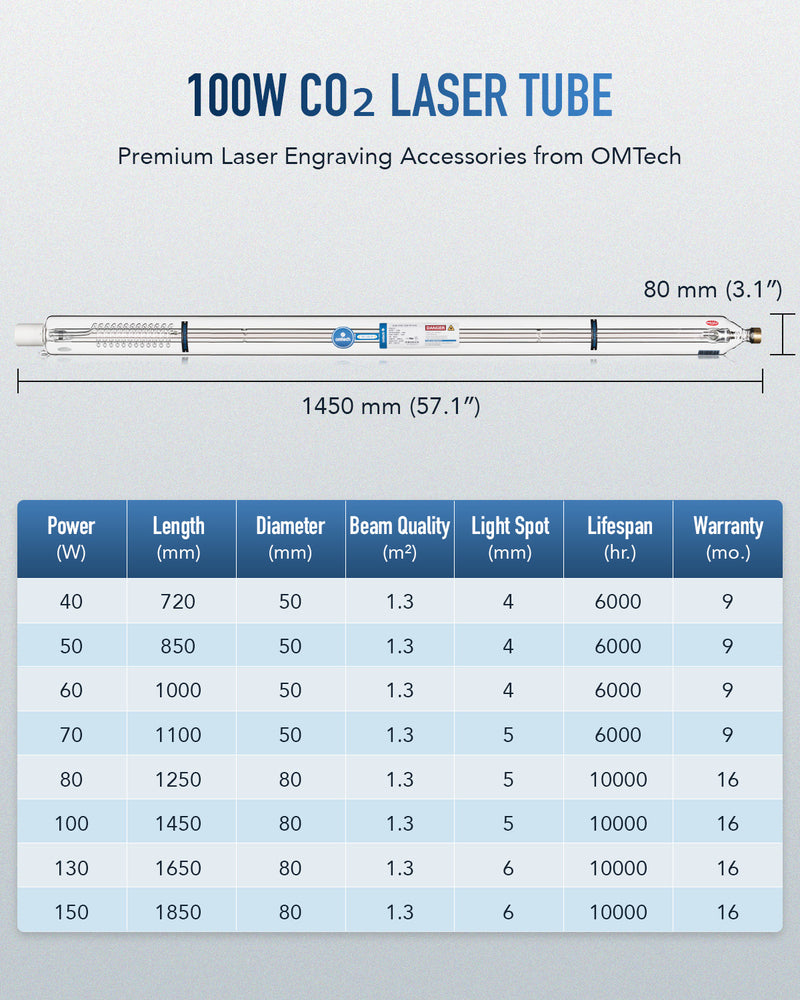 100W CO2 Laser Tube with Metal Head for Laser Engraver & Cutter Machine