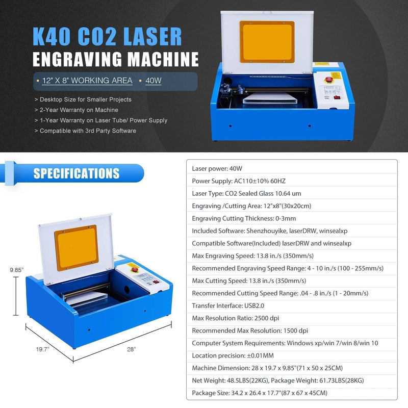 40W CO2 Laser Engraver Cutting Machine with 8” x 12” Working Area and LCD Display