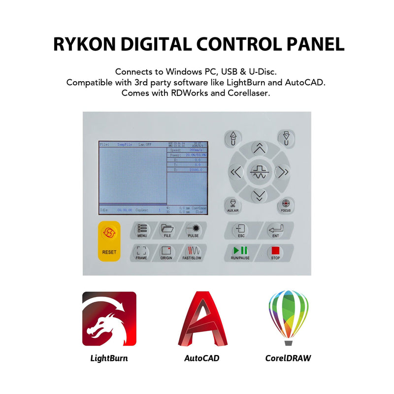 laser engraver machine digital control panel compatible with LightBurn, AutoCAD, RDWorks and Corellaser